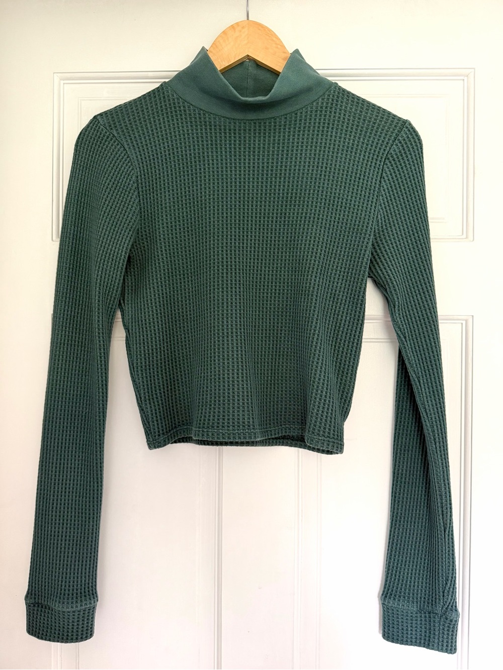 Aerie Waffle Knit Mock Neck Long-Sleeve Crop Top - Teal Green Sz Med